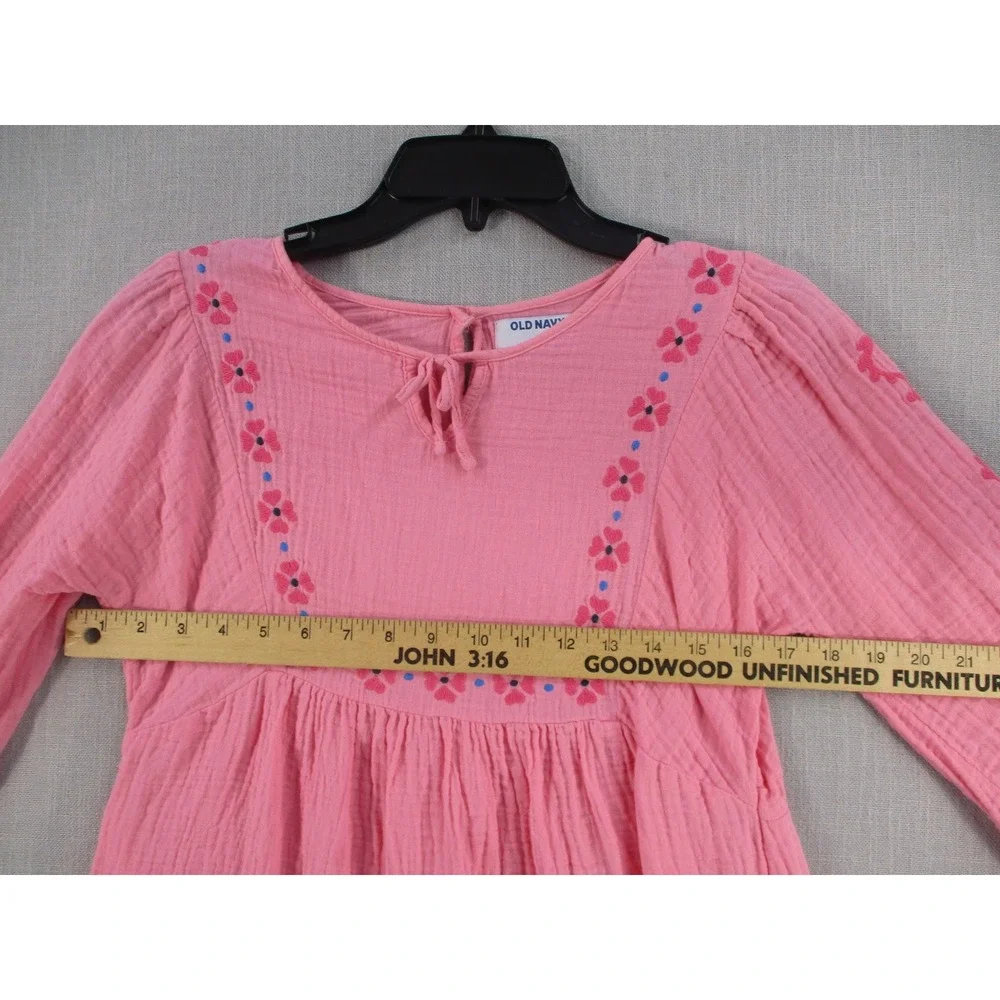 Old Navy Girls Pink Crinkle Gauze Embroidered Floral Long Sleeve Dress XL 14-16